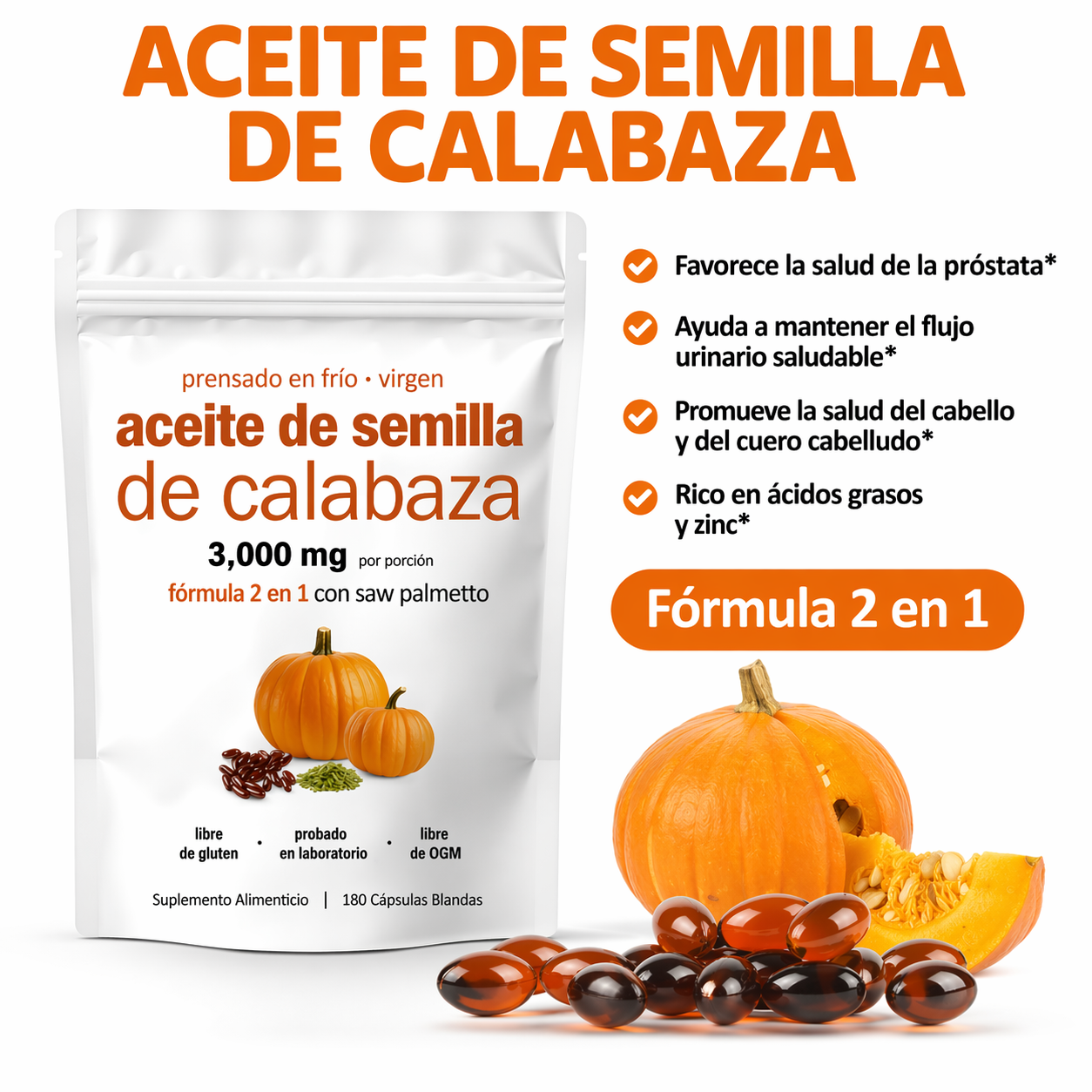 30% OFF- ACEITE DE SEMILLA DE CALABAZA- 60 Cápsulas