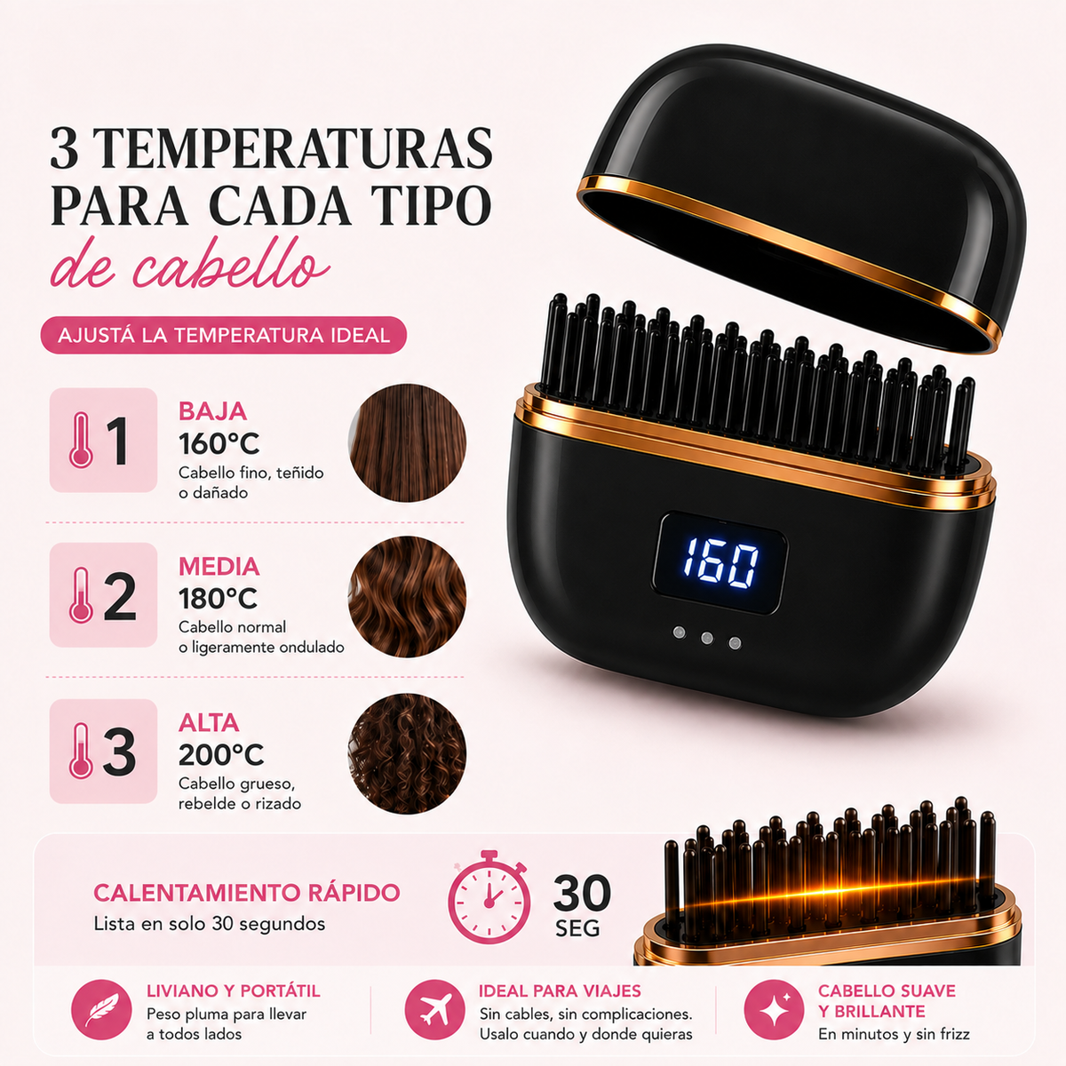 GlamBrush™ El peine alisador, inalámbrico y portátil que va contigo a todas partes.