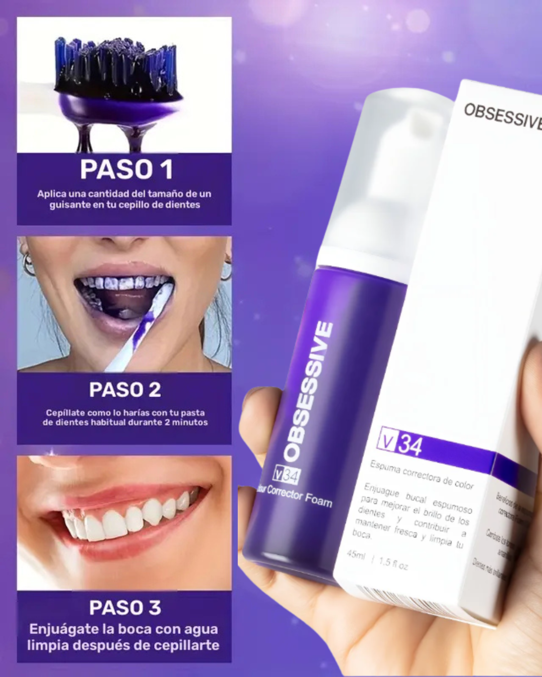 Pasta Blanqueadora OBSESSIVE/ Corrige el color, elimina las manchas y potencia tu sonrisa sin sensibilidad.