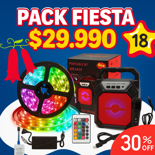 30% OFF- Pack Fiesta 18: Altavoz inalámbrico con micrófono para Karaoke y Luces LED 5 MTS.