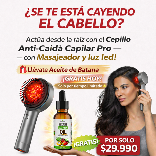 🚨 TRATAMIENTO CAPILAR ANTI-CAIDA ¡CEPILLO CON LUZ LED Y MASAJEADOR+ ACEITE DE BATANA GRATIS! 🎁